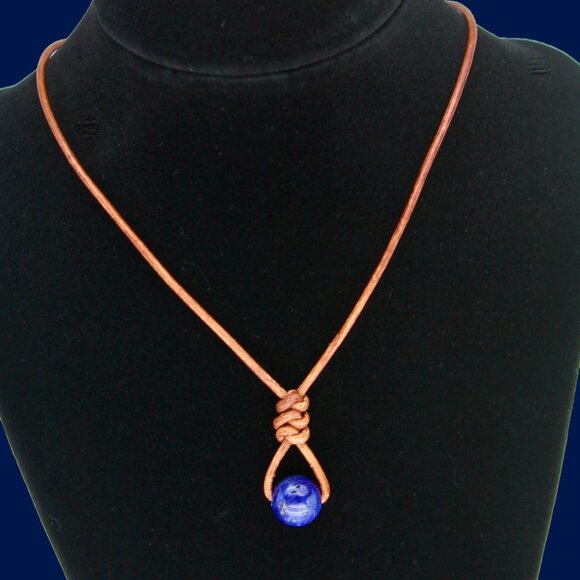 Blue Lapis Lazuli Gemstone on Quality Hand Knotted Soft Brown Leather Necklace - Picture 1 of 7
